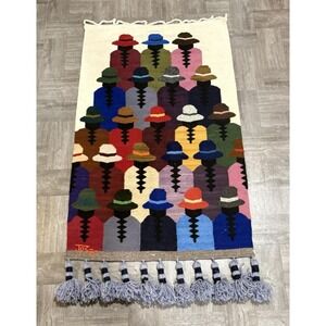 Signed Wool Folk Art Rug Wall Hanging 25x40 Handwoven Vintage Tassel Fringe